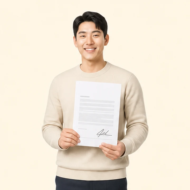 신용불량 그랑콜레오스 장기렌트카 서면 견적서를 들고 있는 고객